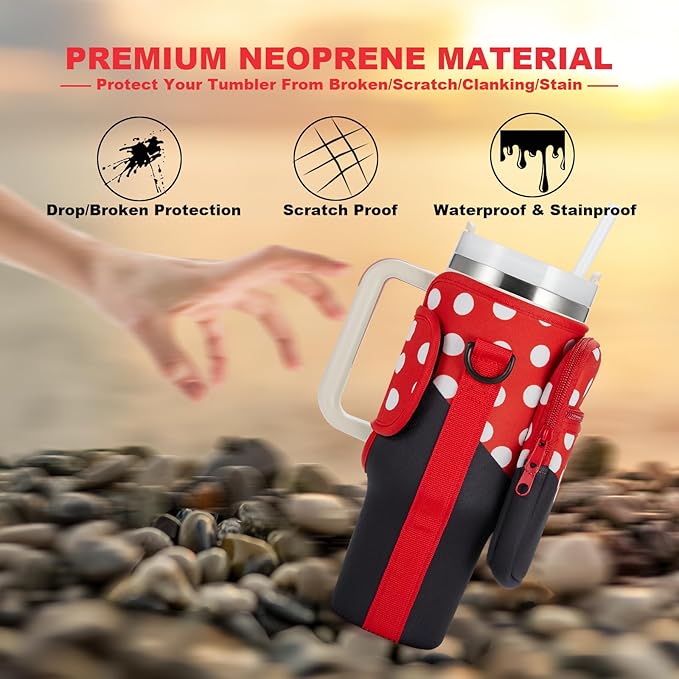 Water Bottle Carrier Bag with Phone Pocket for Stanley 40 & 30 oz Tumbler with Handle,Pink Insulated Neoprene Cup Holder Pouch w/Adjustable Strap for Quencher H2.0 Stanley Cup Accessories