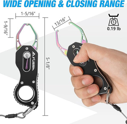 FLISSA Fish Gripper, Fish Lip Grip Tool with Carabiner and Spring Anti-Lost Rope, Durable Stainless Steel Fish Grabber Gripper, Lightweight Holder for Fishing, Corrosion Resistant & Portable