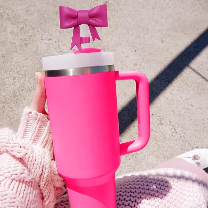 4Pcs Silicone Straw Toppers Covers for Stanley Cups 40/30oz 10mm(0.4in) Dust-Proof Bow Straw Covers Toppers Suitbale for Stanley Cup Accessories Reusable Straws Caps (Purple Rose Red)