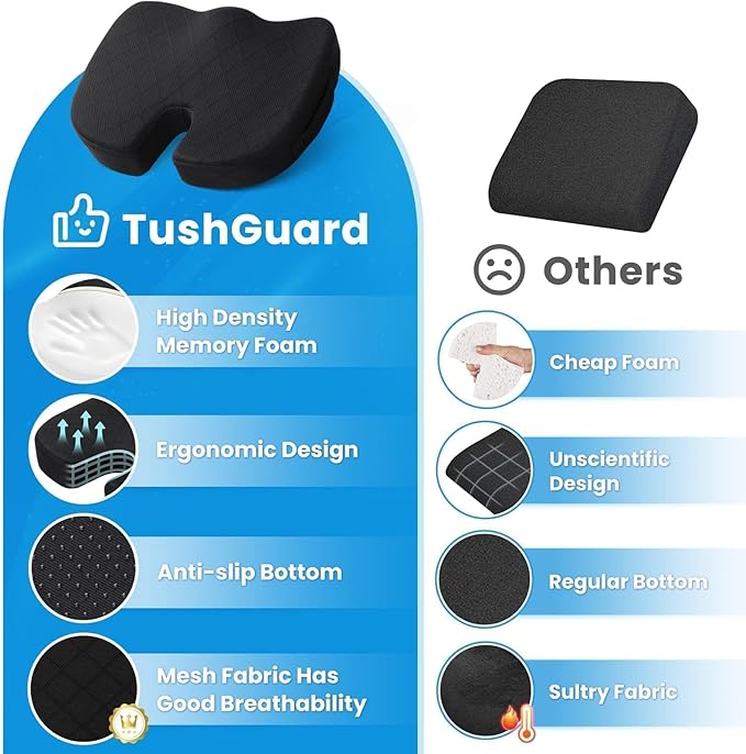 TushGuard Seat Cushions, Back&Seat Cushion for Office, Sciatica & Back Coccyx Tailbone Discomfort Easing Chair Pad, Memory Foam Lumbar Support Pillow for Gaming, Desk, Wheelchair, Car(Black)