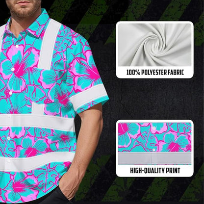 High Visibility Hawaiian Shirt for Men Tropical Shirts Custom Name Floral Outfit Reflective Safety Workwear
