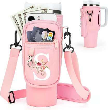 Initial Water Bottle Holder with Strap for Stanley 40 oz Tumbler/Simple Modern 40 oz Tumbler,Water Bottle Carrier Bag with Strap,Personalized A-Z Phone Pocket for Stanley Cup Accessories