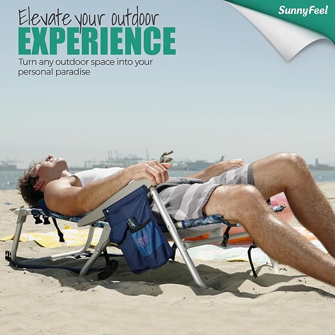 SUNNYFEEL Beach Chairs for Adults 2 Pack 5 Position Lay Flat, Portable Folding Backpack Beach Chair Heavy Duty with Cooler Bag, Cup Holder for Outdoor/Lawn/Picnic/Sand, Foldable Camping Chair