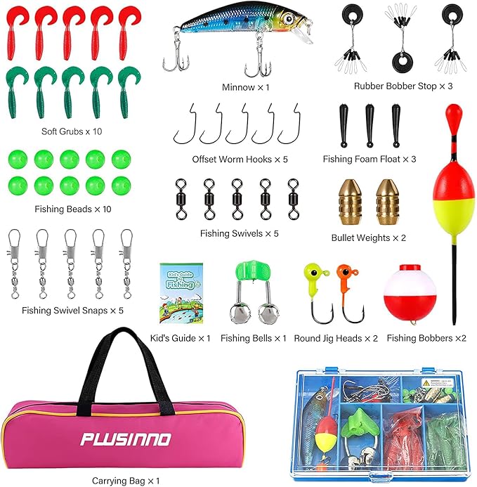 PLUSINNO Kids Fishing Pole with Spincast Reel Telescopic Fishing Rod Combo Full Kits for Boys, Girls, and Adults