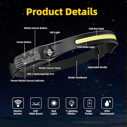 Rechargeable Headlamp 4PCS, Motion Sensor 230° Head Lamp, Hard Hat Light for Adults, Headlight for Forehead, LED Headband Flashlight for Work, Running, Camping Essentials Gear