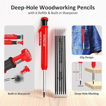 3.8＂Mini 3D Multi-Angle Measuring Square Ruler, WT102A High Precision Hole Scribing Woodworking Tools, 0-90° Aluminum Alloy Carpenter Square Wood Working Tools, Carpenter Pencils 6 Refills.