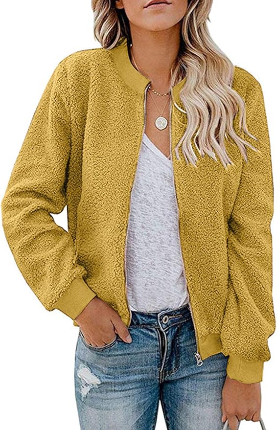 MIROL Women's Fall Trendy Fleece Jacket Faux Sherpa Fuzzy Casual Long Sleeve Zip Up Loose Fit Bomber Winter Coat