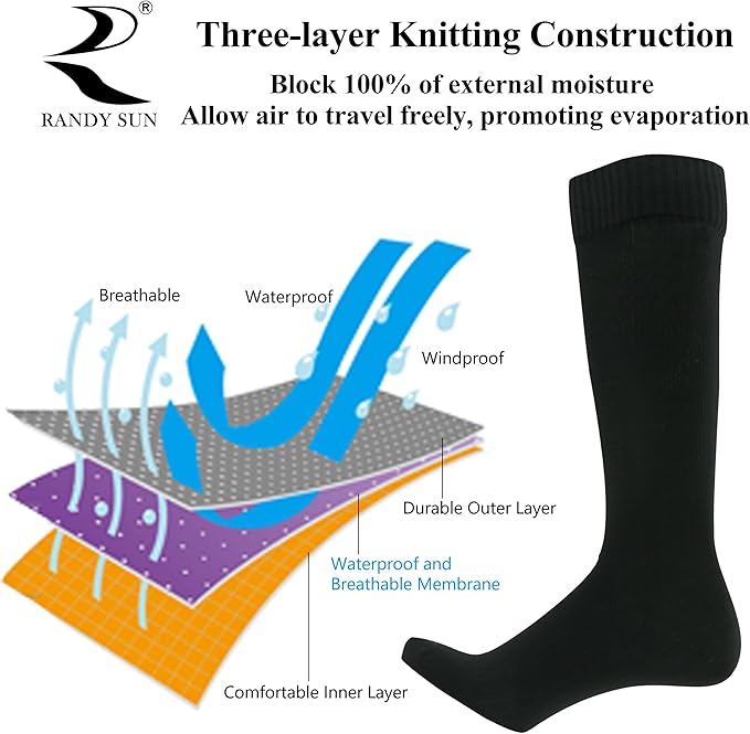 RANDY SUN Waterproof Skiing Socks, [SGS Certified] Unisex Knee High Breathable Hiking Trekking Sock 1 Pair