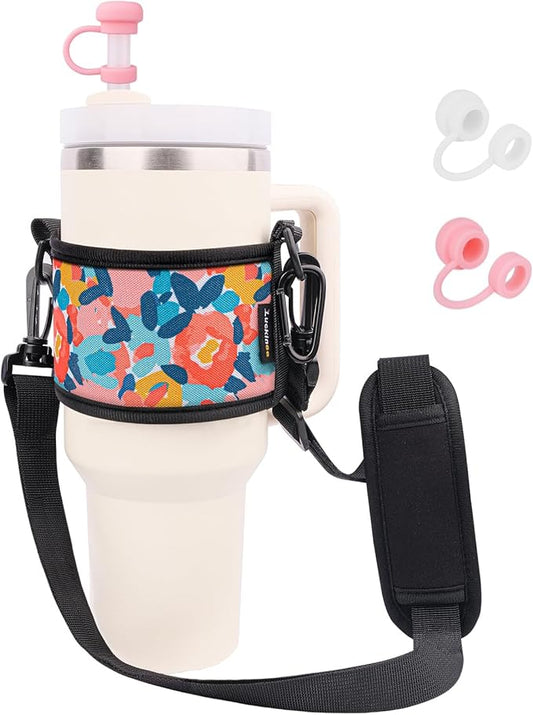 Water Bottle Carrier Holder with Shoulder Strap Water Bottle Handle Strap Sling for Stanley 30&40oz Tumblers with 2pc Straw Covers Toppers for Stanley Cup Accessories (Floral Print)