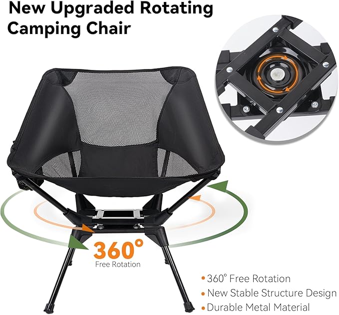 Upgraded 360° Swivel Camping Chair for Adults, Portable Folding Chair with Cup Holder, Lightweight Compact Backpack Outdoor Chair for Travel, Fishing, Hiking, and Beach