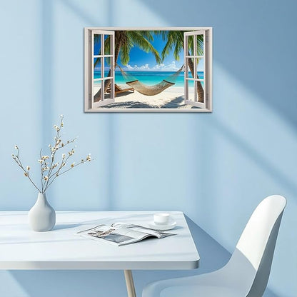 ANRUOXI Beach Wall Art, Blue Ocean Canvas Wall Decor, Beach Theme Window Frame Style Prints Blue Sea Painting, White Window Frame Style Seaside Nature Coastal Framed Artwork for Bathroom 18x24 Inch