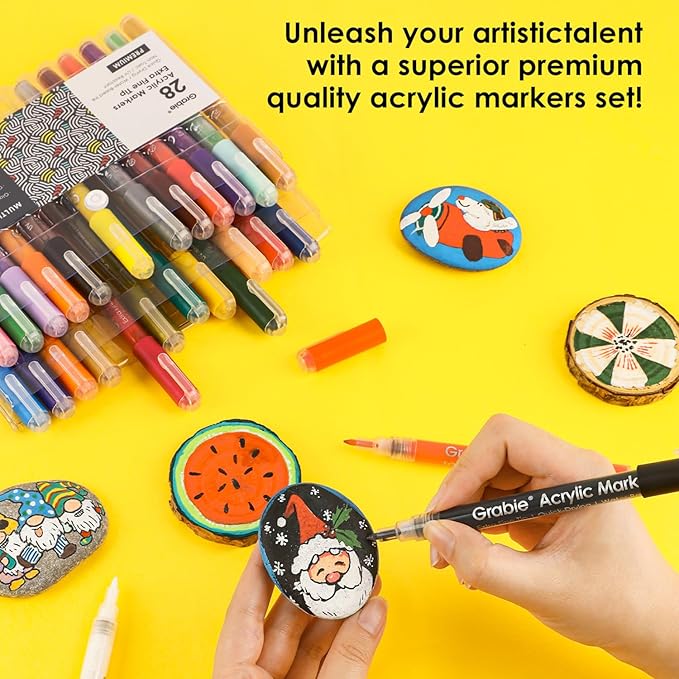 Grabie Acrylic Paint Pens Markers, 28 Colors, 0.7 mm, Extra Fine Tip Drawing Markers, Premium Paint Pens for Painting on Various Surface, Art Supplies, Set of 28