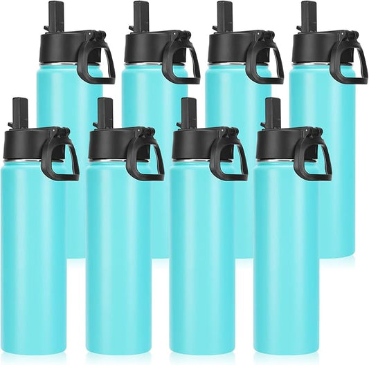 Neihepal 22 oz Insulated Water Bottles Bulk, Stainless Steel Water Bottles Bulk with Leak Proof Straw Lid, Wide Mouth Double Walled Vacuum Keeps Cold and Hot(Mint,8 Pack)