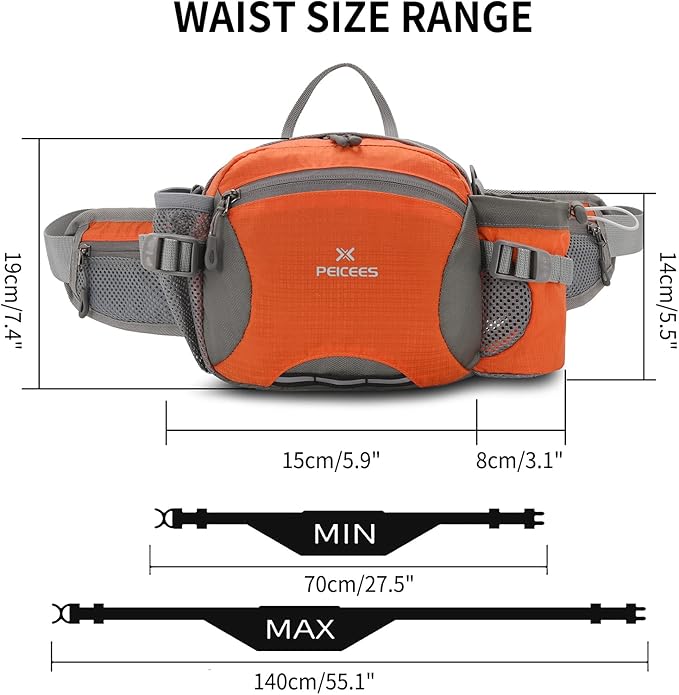 Peicees Hiking Fanny Pack Large Waist Bag for Men Women with Bottle Holder Water Resistant Lumbar Pack for Hiking Camping Fishing Outdoor (Bottle Not Included)