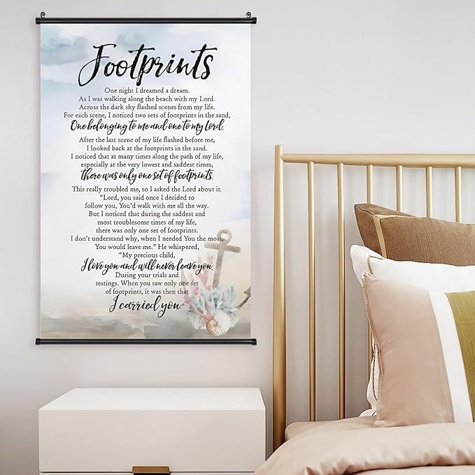 Footprints in the Sand Religious Canvas Wall Art Posters, Inspirational Beach Sunset Poem Print Poster (Black Axis 12x18inch, Footprints(6))