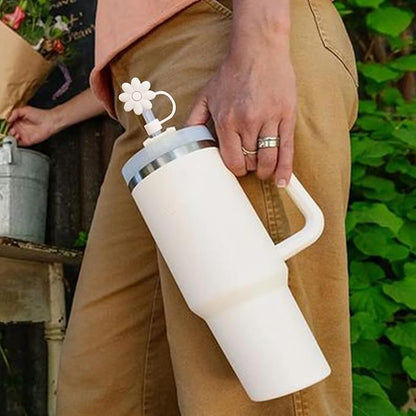 6PCS Silicone Straw Covers Toppers for Stanley Cups 30&40 Oz Tumbler Accessories Flower Straw Caps Black Blue Dust-Proof Reusable Straw Tips Protectors for Stanley Cup 10mm 0.4in Straws