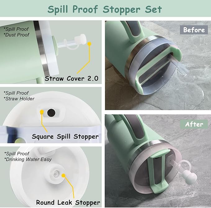 Stanley Cup Accessories Set,Including 2 Pcs 0.4in Straw Cover, 1 Silicone Spill-Proof Stopper Set of 3, 1 Cute Flowers Handle Charm, 1 Silicone Boot Fits Stanley 40&30 Oz Tumbler (Matcha Cream)
