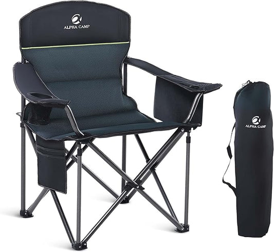 GREEN PARTY Folding Camping Chair Oversized Heavy Duty Lawn Chair with Cooler Bag, Cup Holder, Storage Pocket, Collapsible Padded Outdoor Arm Chair, Quad Lumbar