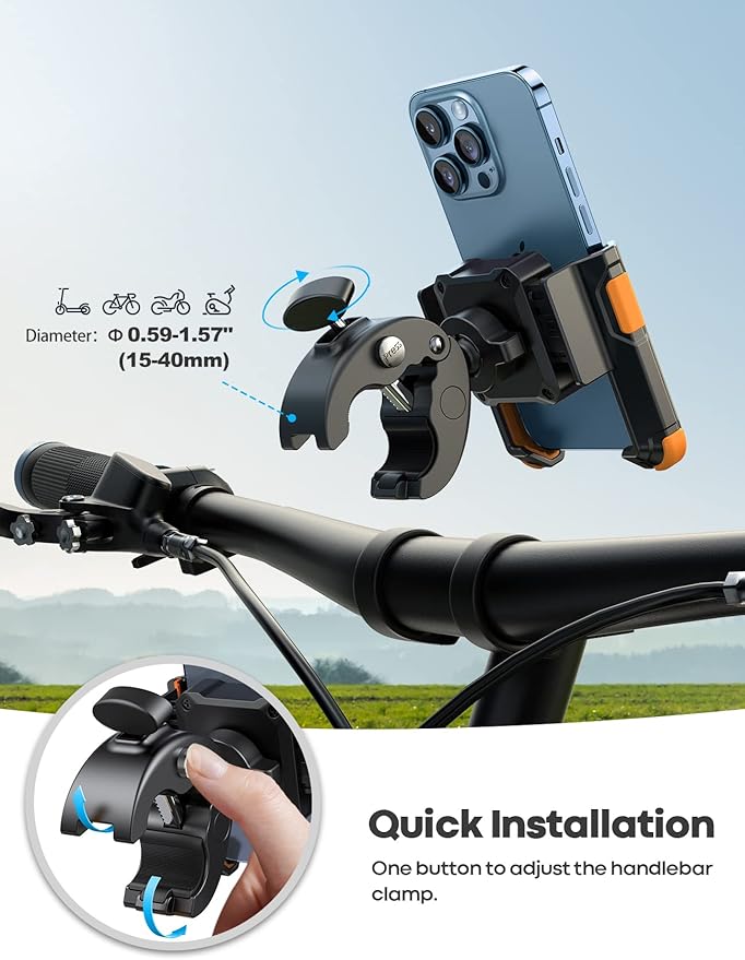 Lamicall Motorcycle Phone Mount Holder - [Camera Friendly] [1s Lock] Bike Phone Holder Handlebar Clamp, Bicycle Scooter Phone Clip, for iPhone Air, 17, 16, 15 Pro Max, Galaxy, 4.7-7" Phones, Orange