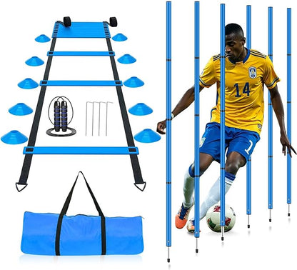 Soccer Agility Training Equipment, Includes 20ft Agility Ladder, 6 Adjustable Agility Poles, 10 Disc Cones, Jump Rope-Speed Training Set for Soccer Football Basketball Athletes