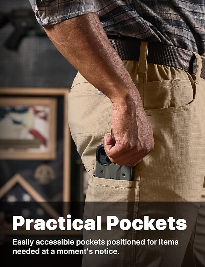 CQR Men's Flex Stretch Tactical Pants, Water Resistant Ripstop Cargo Pants, Lightweight EDC Outdoor Work Hiking Pants
