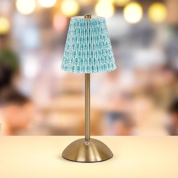 Cordless LED Table Lamp with Dimmer, Built-in Rechargeable Battery, 3-Level Brightness, Patio Table Lamp, Bedside Night Lamp, Ambient Light for Restaurant, Antique Brass (Green Flower)