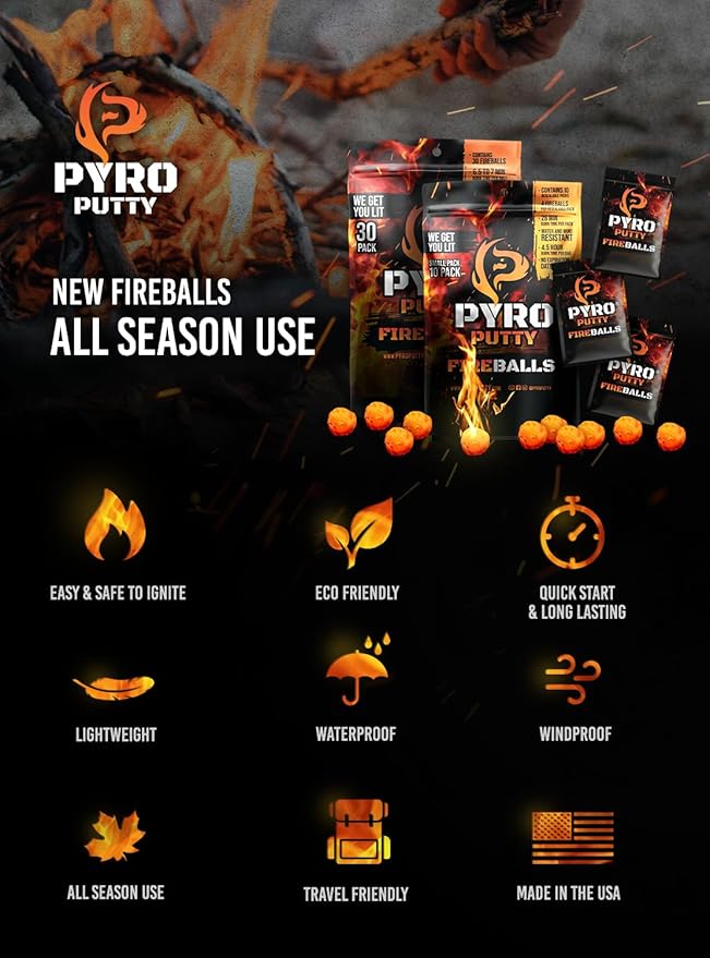 Pyro Putty Fire Balls: Fire Plugs Fire Starter with 7 Minute Burn Time, Waterproof, Weatherproof Emergency Kit Survival Gear Essential - 30 Pack