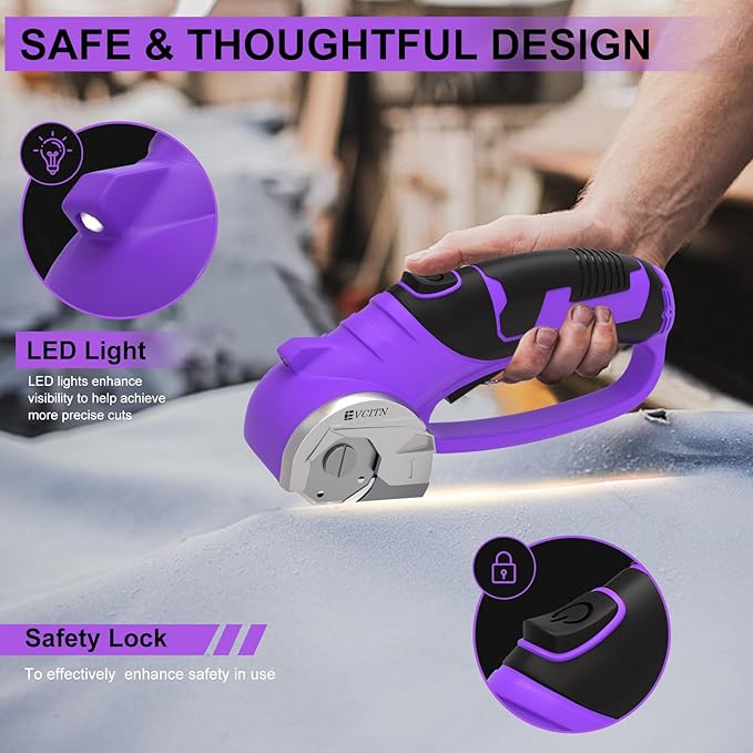 Cordless Electric Scissors,4V Rechargeable Cardboard & Carpet Cutter,Electric Self-Sharpening Rotary Cutter for Fabric,Heavy Duty Scissor with LED Light for Crafts Leather or Plastic Packages,Purple