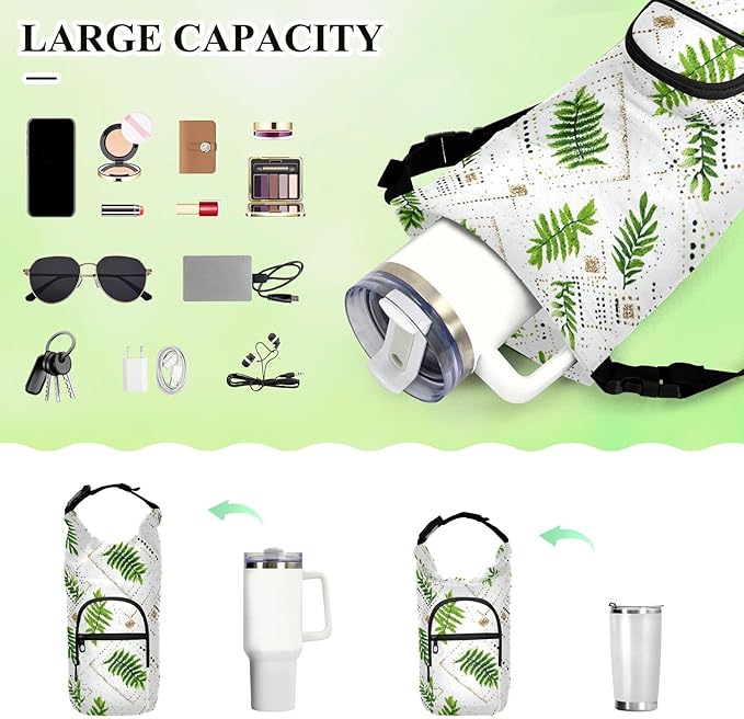 Green Boho Leaves Water Bottle Holder with Strap Insulated Water Bottle Carrier Crossbody Bags Pouch with Phone Pocket for Travel Gym Hiking Walking Running
