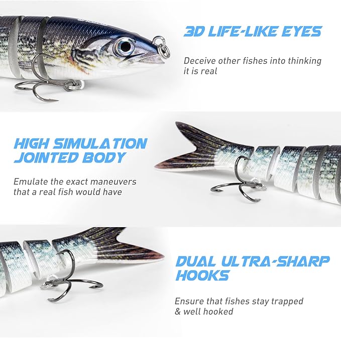 GOTOUR Fishing Lures for Freshwater or Saltwater, Easy to Use for Family Fishing Beginner and Pros, Most Lifelike Jointed Swimbait，Slow Sinking Bass Pike Panfish Walleye Lures, Fishing Gifts for Men