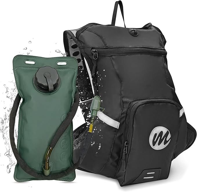 Moman Hydration Backpack with 2L Water Bladder, 600D PU Durable Hiking Backpack, Adjustable Strap & Removable Tool Pouch for Hiking/Running/Cycling/Music Festival/Rave for Men Women