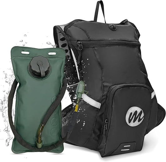 Moman Hydration Backpack with 2L Water Bladder, 600D PU Durable Hiking Backpack, Adjustable Strap & Removable Tool Pouch for Hiking/Running/Cycling/Music Festival/Rave for Men Women