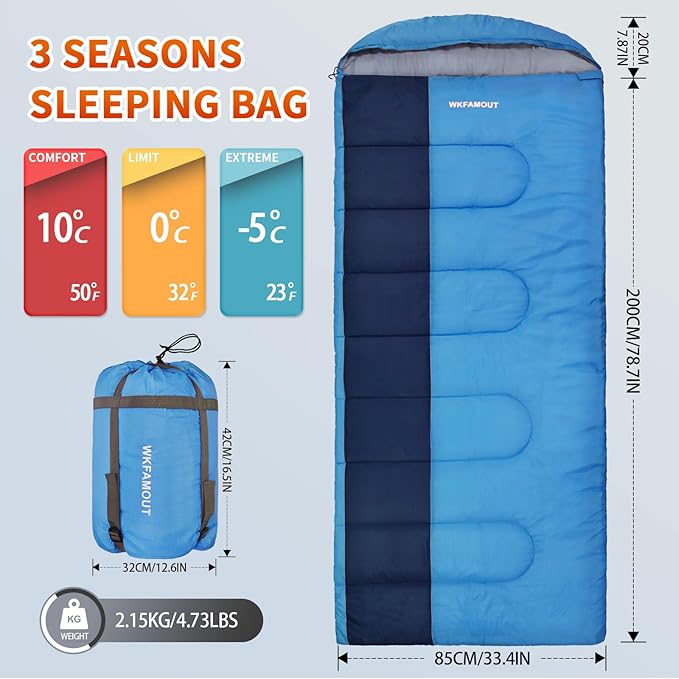 XL 10 Degree Sleeping Bags Waterproof for Adults 350GSM Machine Washable with Compression Sack for 3-4 Season Camping Outdoor