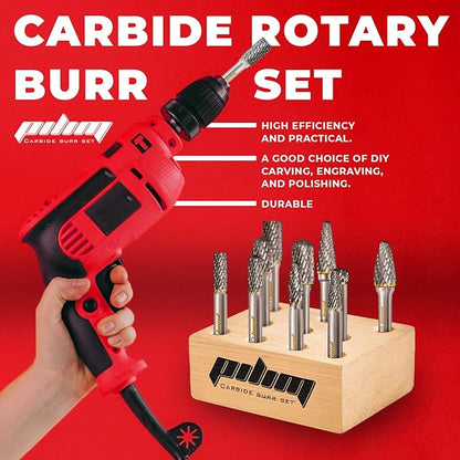 Tungsten Carbide Burr Set 1/4" Shank 10PC Double Cut Rotary Cutting Burrs Die Grinder Bits for Steel and Wood Working, Grinding, Carving, and Engraving