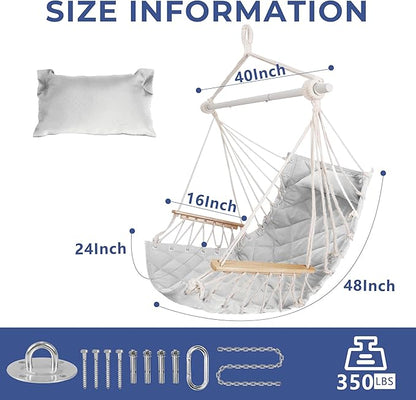 Hammock Chair Hanging Swing with Wooden Armrests;Steel Spreader Bar,Pillows,Hardware kit Included;Cotton Woven Fabric;Up to 350 Lbs,for Indoor Light Grey