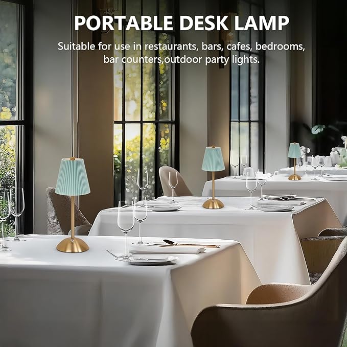 Cordless LED Table Lamp with Dimmer, Built-in Rechargeable Battery, 3-Level Brightness, Patio Table Lamp, Bedside Night Lamp, Ambient Light for Restaurant, Antique Brass (Baby Blue)