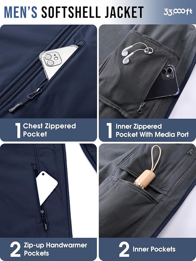 33,000ft Men's Softshell Jacket with Hood Fleece Lined Windbreaker Lightweight Waterproof Jackets for Hiking