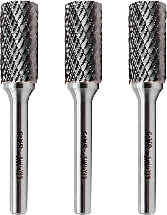 LU&MN SA-5 Tungsten Carbide Burr Cylinder Shape Double Cut Rotary Burr File(1/2” Cutter Dia X 1”Cutter Length) with 1/4'' Shank Dia,3PCS