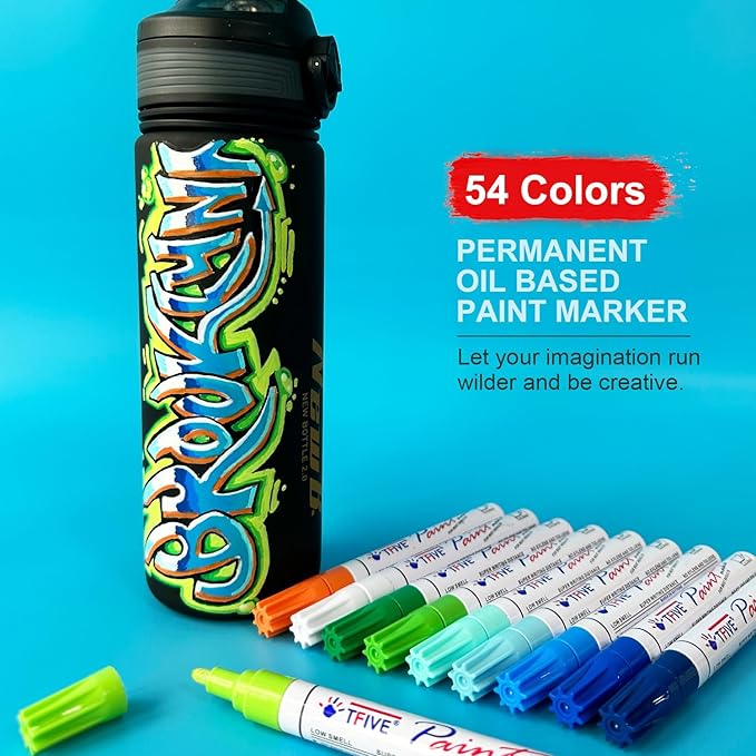 TFIVE Paint Markers Pens - 54 Colors Medium Tip Markers, Permanent, Waterproof & Quick Dry, Paint Pen for Metal, Wood, Fabric, Plastic, Rock Painting, Mugs, Canvas, Glass, Art Craft