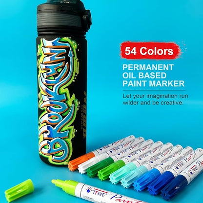TFIVE Paint Markers Pens - 54 Colors Medium Tip Markers, Permanent, Waterproof & Quick Dry, Paint Pen for Metal, Wood, Fabric, Plastic, Rock Painting, Mugs, Canvas, Glass, Art Craft