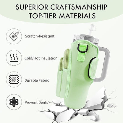 Water Bottle Carrier Bag with Phone Pocket for Stanley Cup 40/30 oz, Water Bottle Holder with Adjustable Strap& Straw Cover, Stanley Cup Accessories
