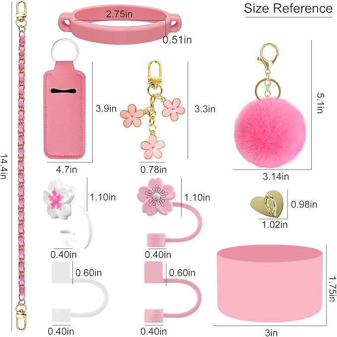 Velaco 11 PCS Accessories for Stanley Cup, Water Bottle Handle Strap for Stanley 30/40 oz tumbler with handle, including Straw Toppers, Silicone Cup Boot, Keychain Charms - PINK