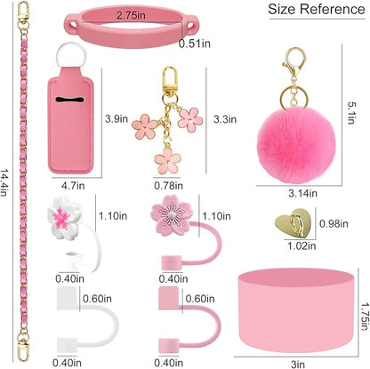Velaco 11 PCS Accessories for Stanley Cup, Water Bottle Handle Strap for Stanley 30/40 oz tumbler with handle, including Straw Toppers, Silicone Cup Boot, Keychain Charms - PINK