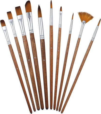 10 PCS Artist Watercolor Paint Brushes, Wooden Art Painting Brush Assorted Set Professional Artist Paint Brush Set Different Sizes Detail Paints Brushes for Watercolor Acrylic Gouache Ink Tempera