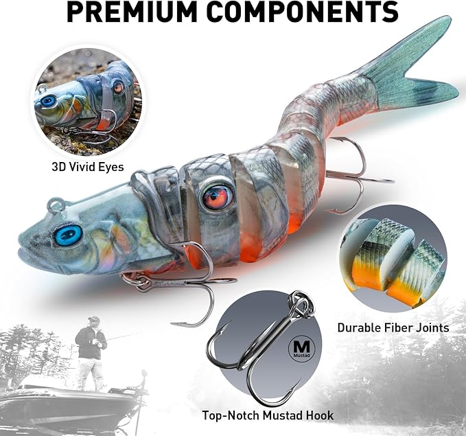 Handing Swimbaits for Bass Pike Walleye, 3 Pieces Lifelike Multi-Jointed Fishing Lures with Mustad Hooks, Fishing Bait for Freshwater and Saltwater