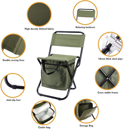 LEADALLWAY Fishing Chair with Cooler Bag Compact Fishing Stool Foldable Camping Chair