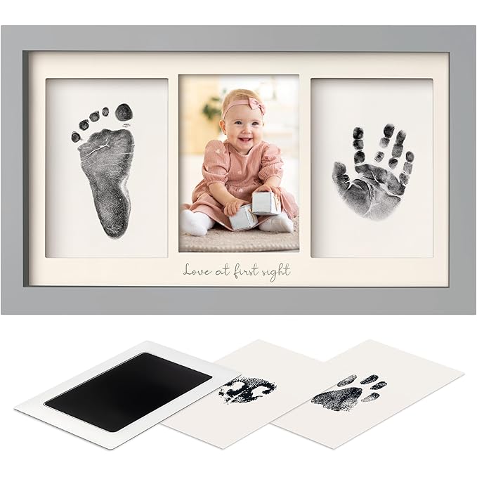 Inkless Baby Hand and Footprint Kit Boy, Girl - No Mess Ink Pad for Handprint, Clean Touch Dog Paw Print Kit, Personalized Baby Shower Gifts, Nursery Newborn Keepsake Frame (Cloud Gray)