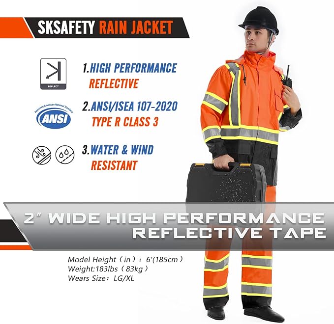 SKSAFETY Hi Vis Reflective Rain suits for Men Waterproof - High Vis Safety Rain Jacket, High Visibility Raincoat for Men