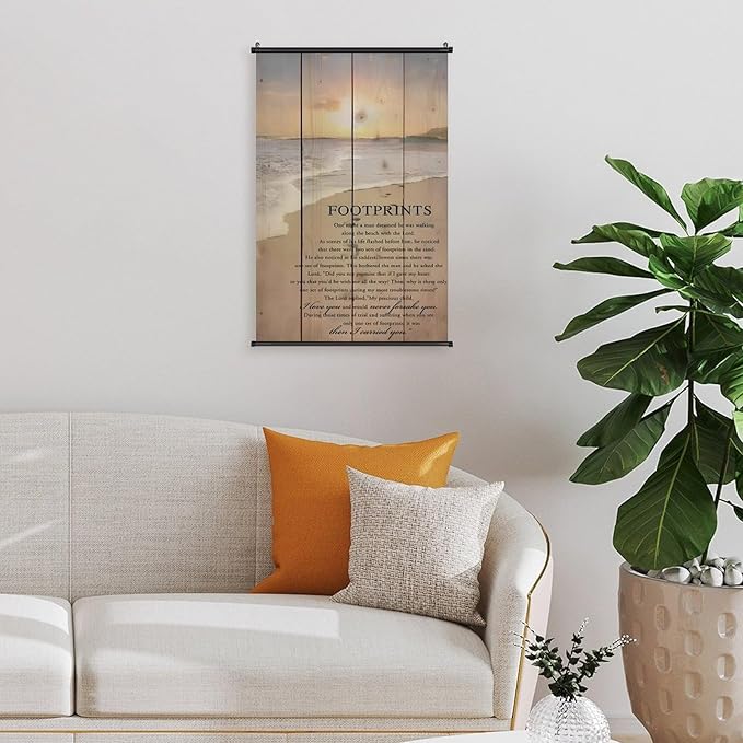 Footprints in the Sand Religious Canvas Wall Art Posters, Inspirational Beach Sunset Poem Print Poster (Black Axis 16x24inch, Footprints(1))