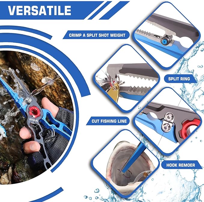 Fishing Pliers, Titanium Alloy Clamp Head Fishing Gear,Saltwater Resistant Fishing Tools, Hook Remover Braid Line Cutting and Split Ring Pliers, with Sheath and Lanyard